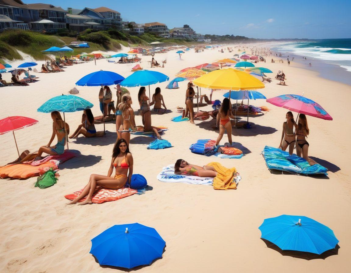 A vibrant beach scene featuring diverse models showcasing trending swimwear styles - high-waisted bikinis and halter tops. Include colorful beach umbrellas, soft waves in the background, and a bright blue sky. Emphasize patterns and textures in the swimwear to attract attention. Capture a sense of fun and summer energy. super-realistic. vibrant colors.
